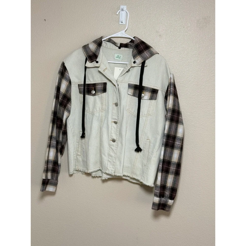 Blue Buttercup Mixed Media Denim Plaid Jacket Cream Brown Hooded J70262 Medium